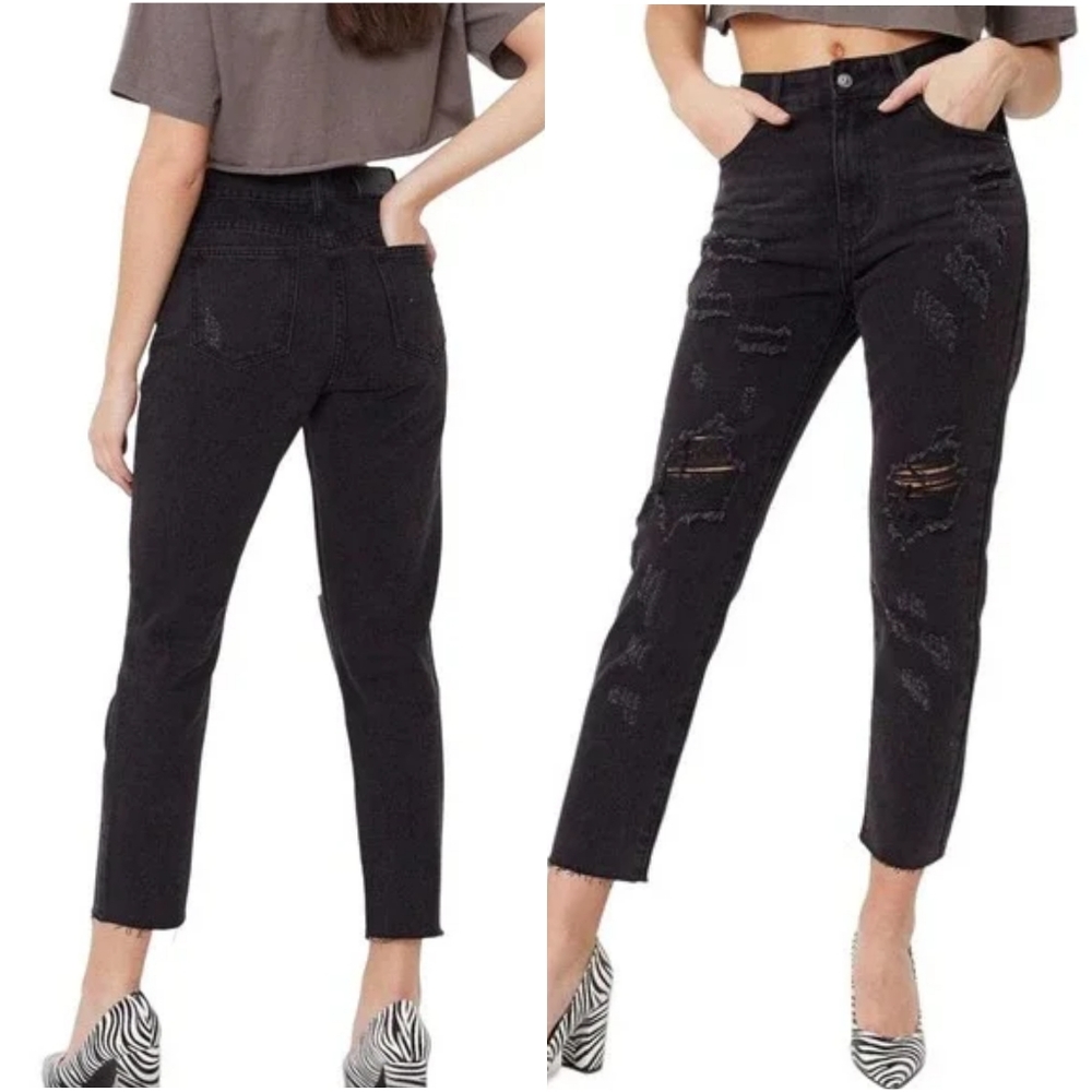 Nasty Gal Collection Distressed Ripped High Waist Mom Jeans Size US 4 Black